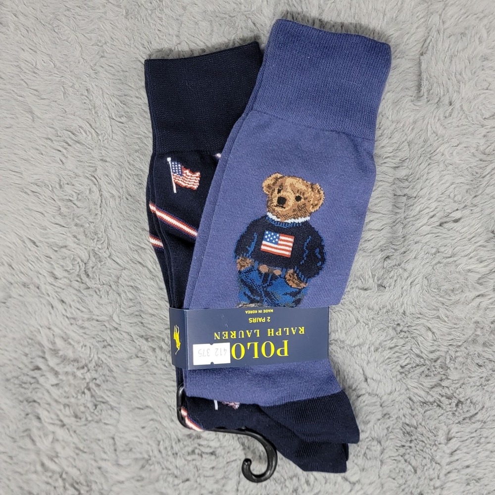 Polo Ralph Lauren Socks Mens 10-13 Blue Patriotic Bear Flag Mid Calf 2 Pairs